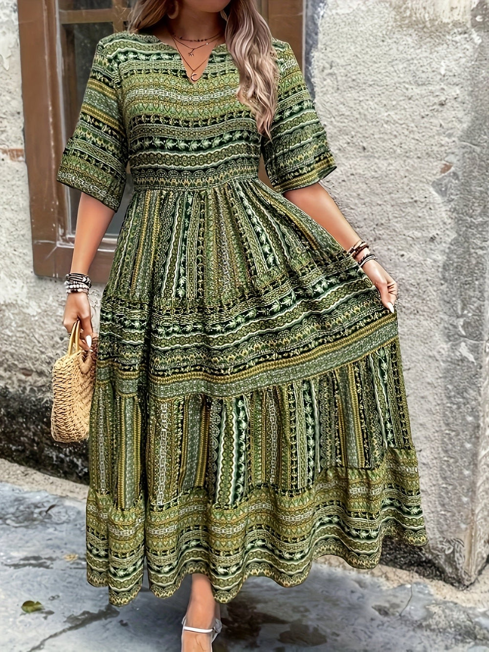 Boho Maxi Dress V-Neck 3/4 Sleeve Tiered Flowy - Green