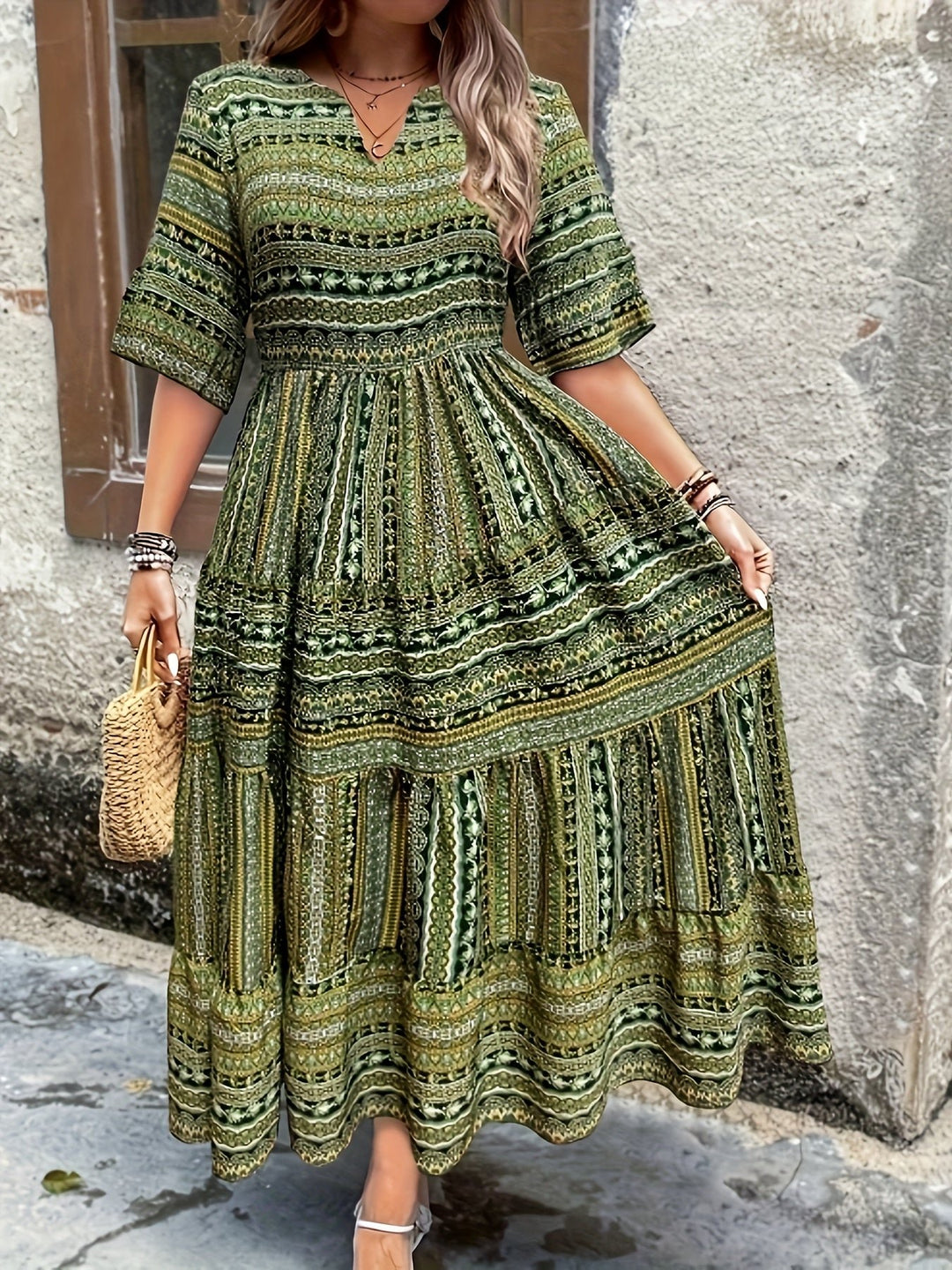 Boho Maxi Dress V-Neck 3/4 Sleeve Tiered Flowy - Green