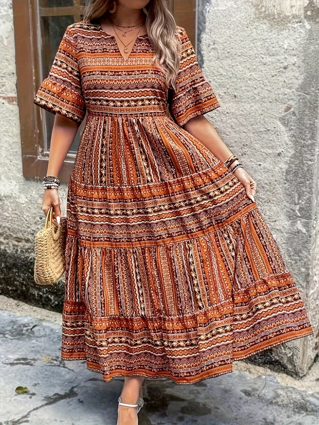 Boho Maxi Dress V-Neck 3/4 Sleeve Tiered Flowy - Brown