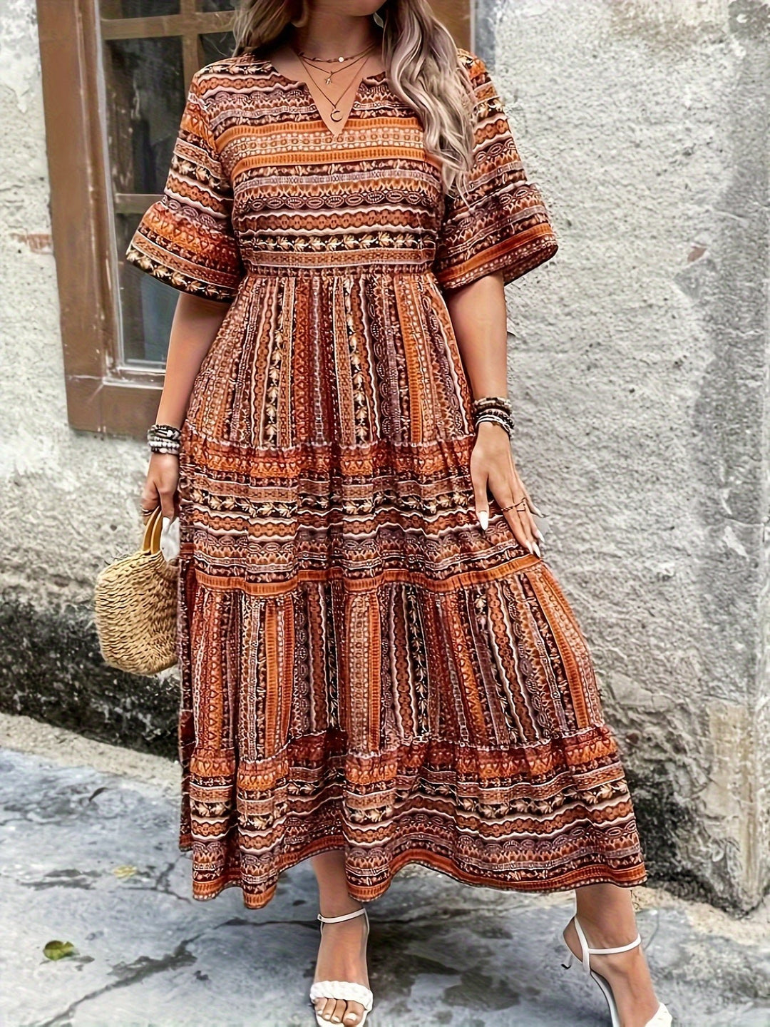 Boho Maxi Dress V-Neck 3/4 Sleeve Tiered Flowy