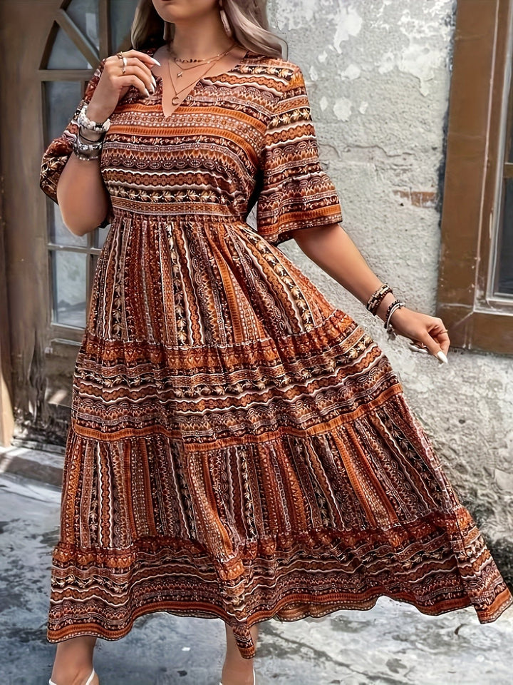 Boho Maxi Dress V-Neck 3/4 Sleeve Tiered Flowy