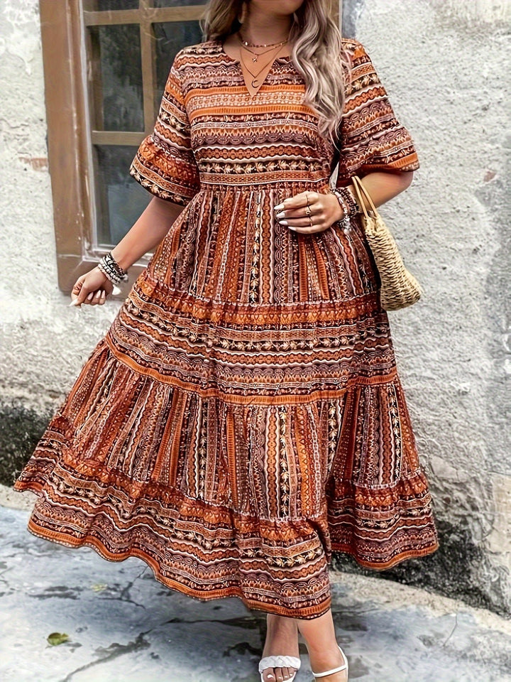 Boho Maxi Dress V-Neck 3/4 Sleeve Tiered Flowy