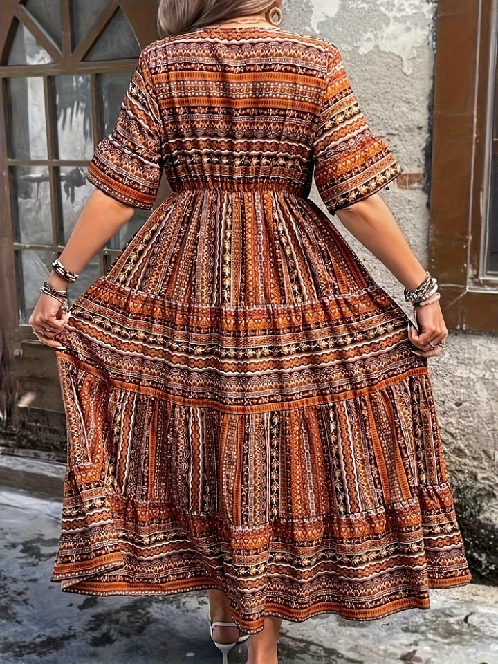 Boho Maxi Dress V-Neck 3/4 Sleeve Tiered Flowy