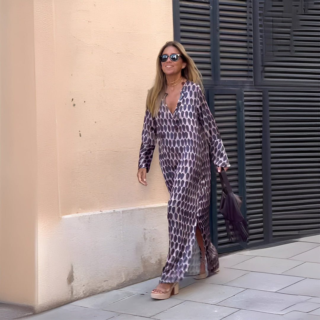 Boho Maxi Dress V-Neck Long Sleeve Flowy Print - Purple