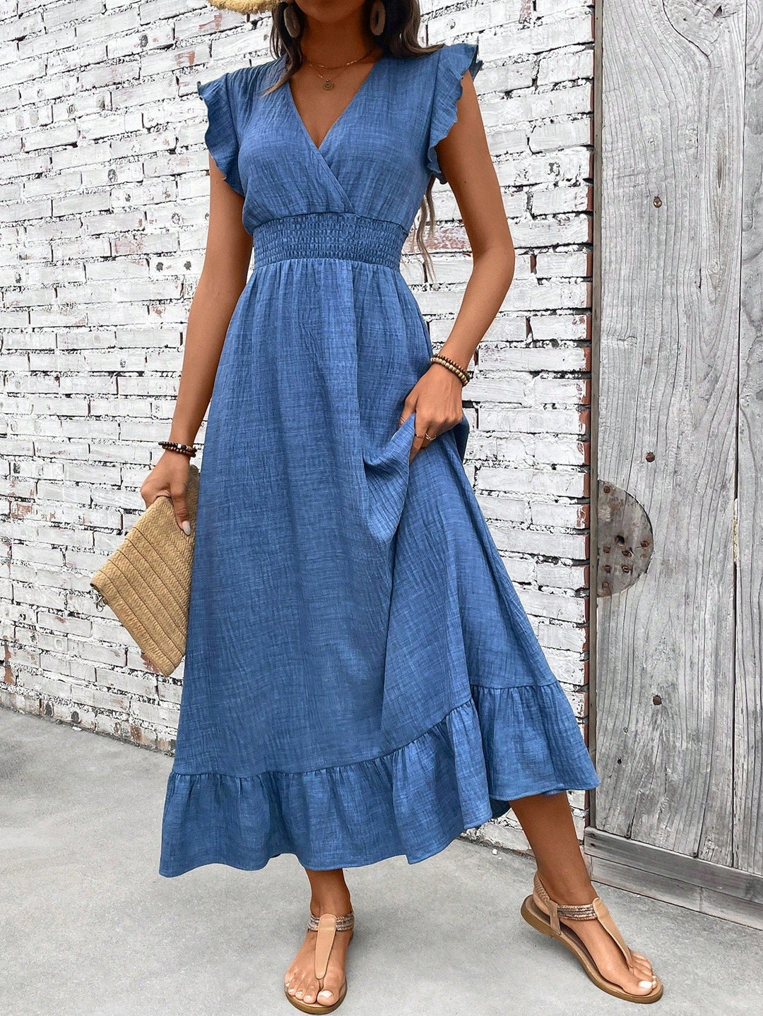 Boho Maxi Dress V-Neck Smocked Waist Ruffle Summer - Blue