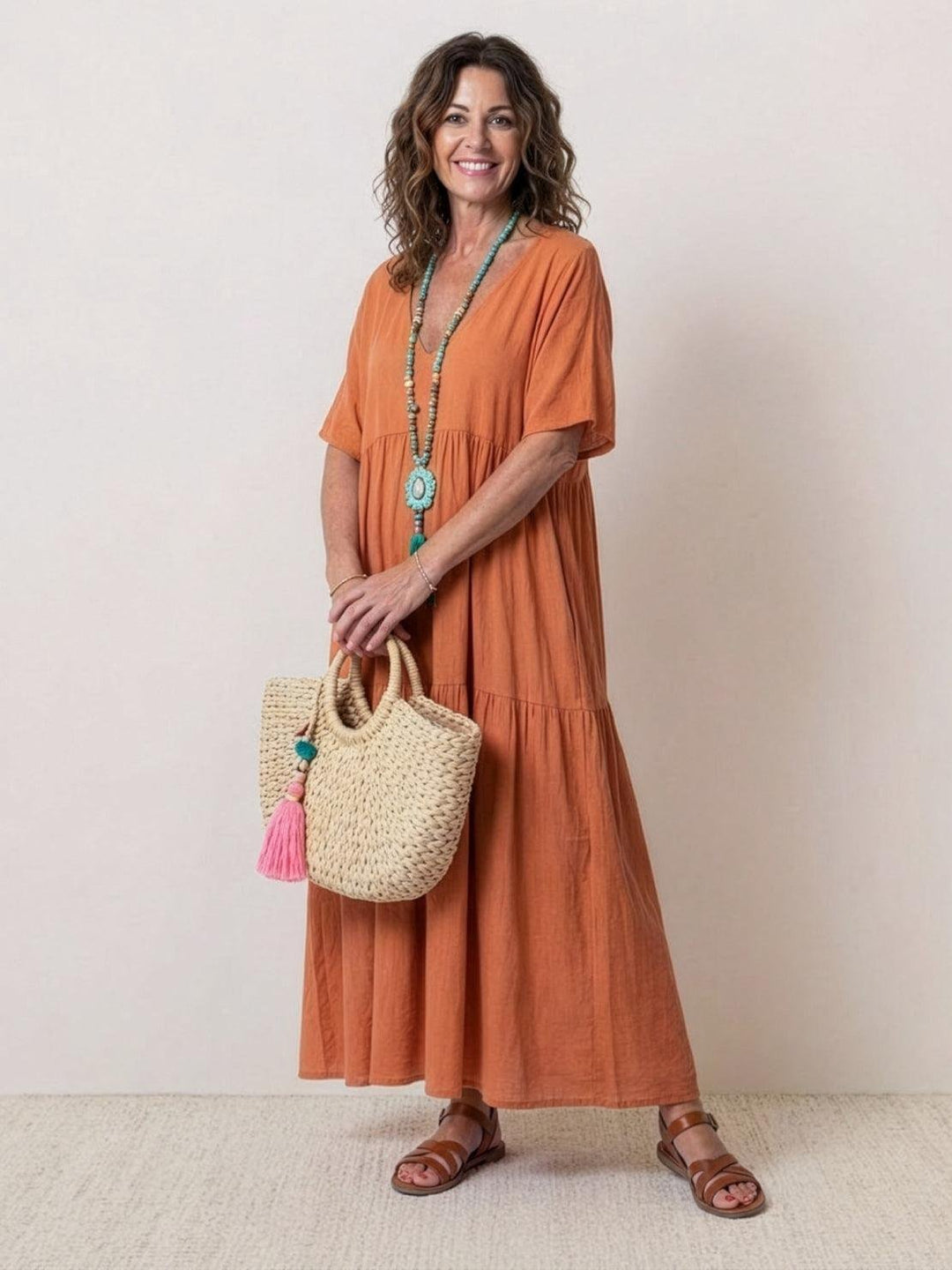 Boho Maxi Dress V-Neck Tiered Short Sleeve - Rusty Orange