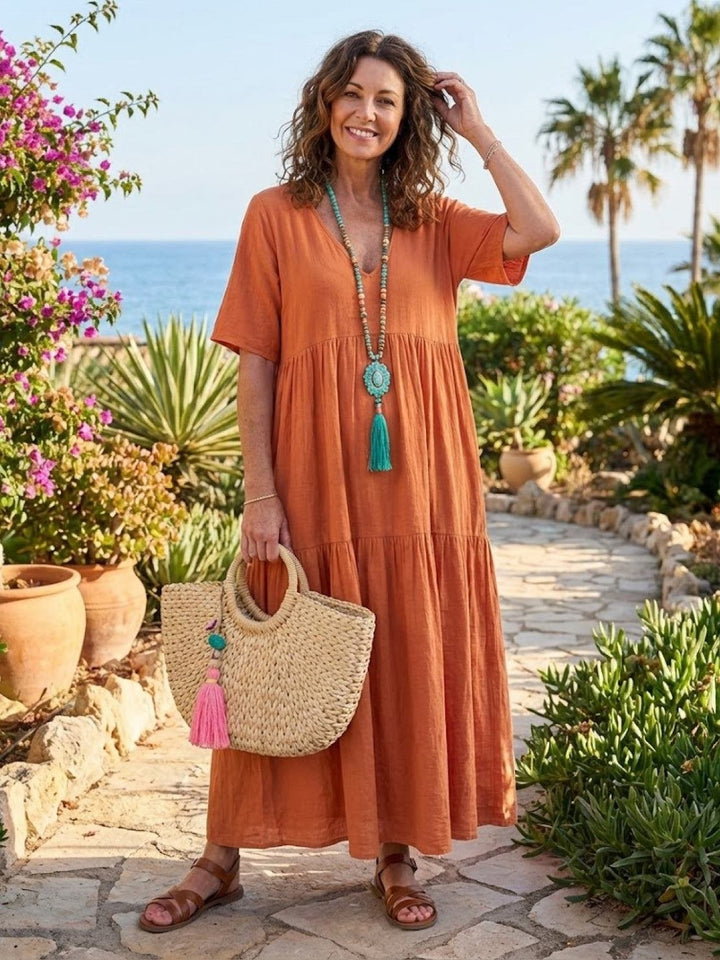 Boho Maxi Dress V-Neck Tiered Short Sleeve