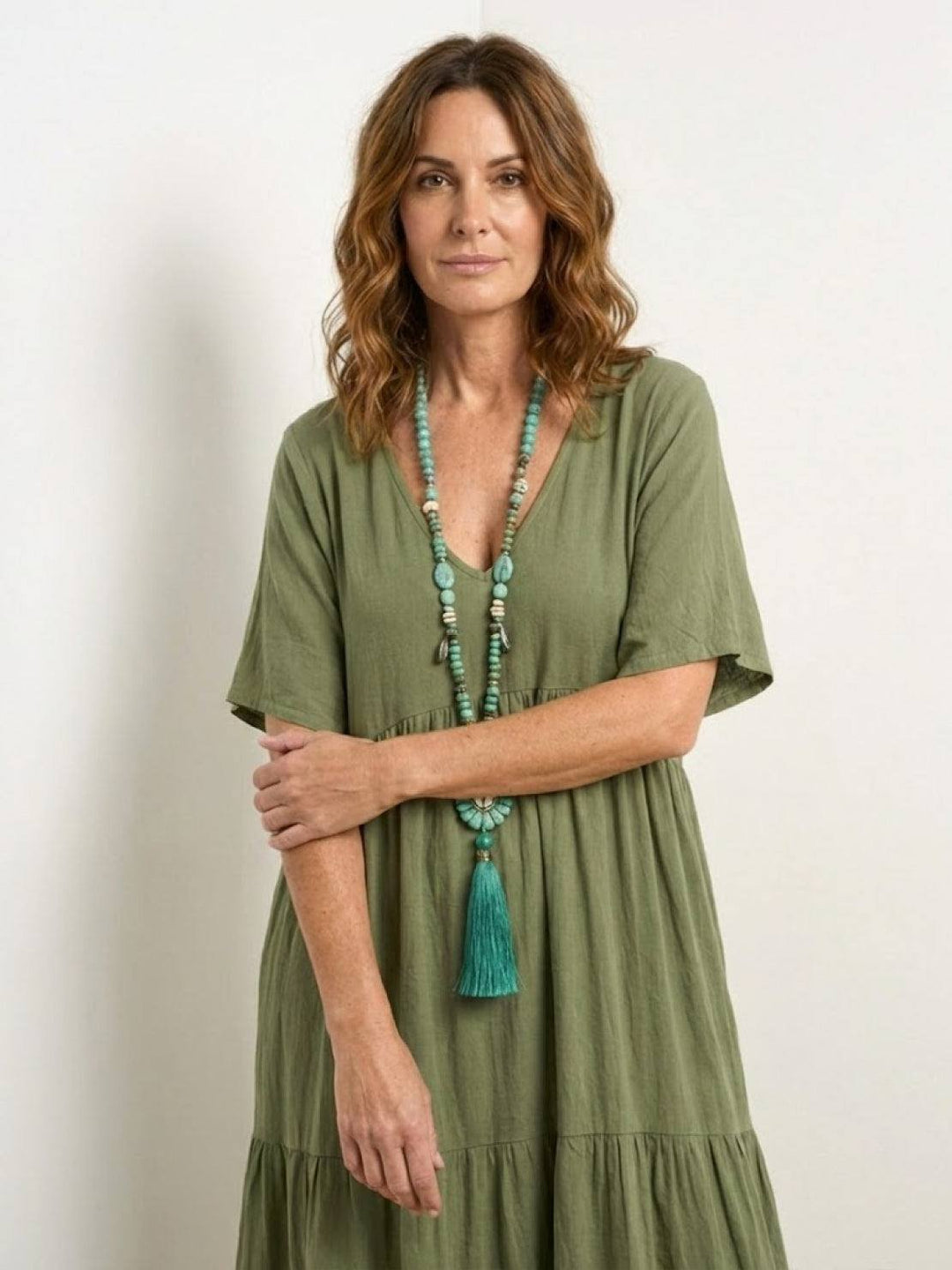 Boho Maxi Dress V-Neck Tiered Short Sleeve