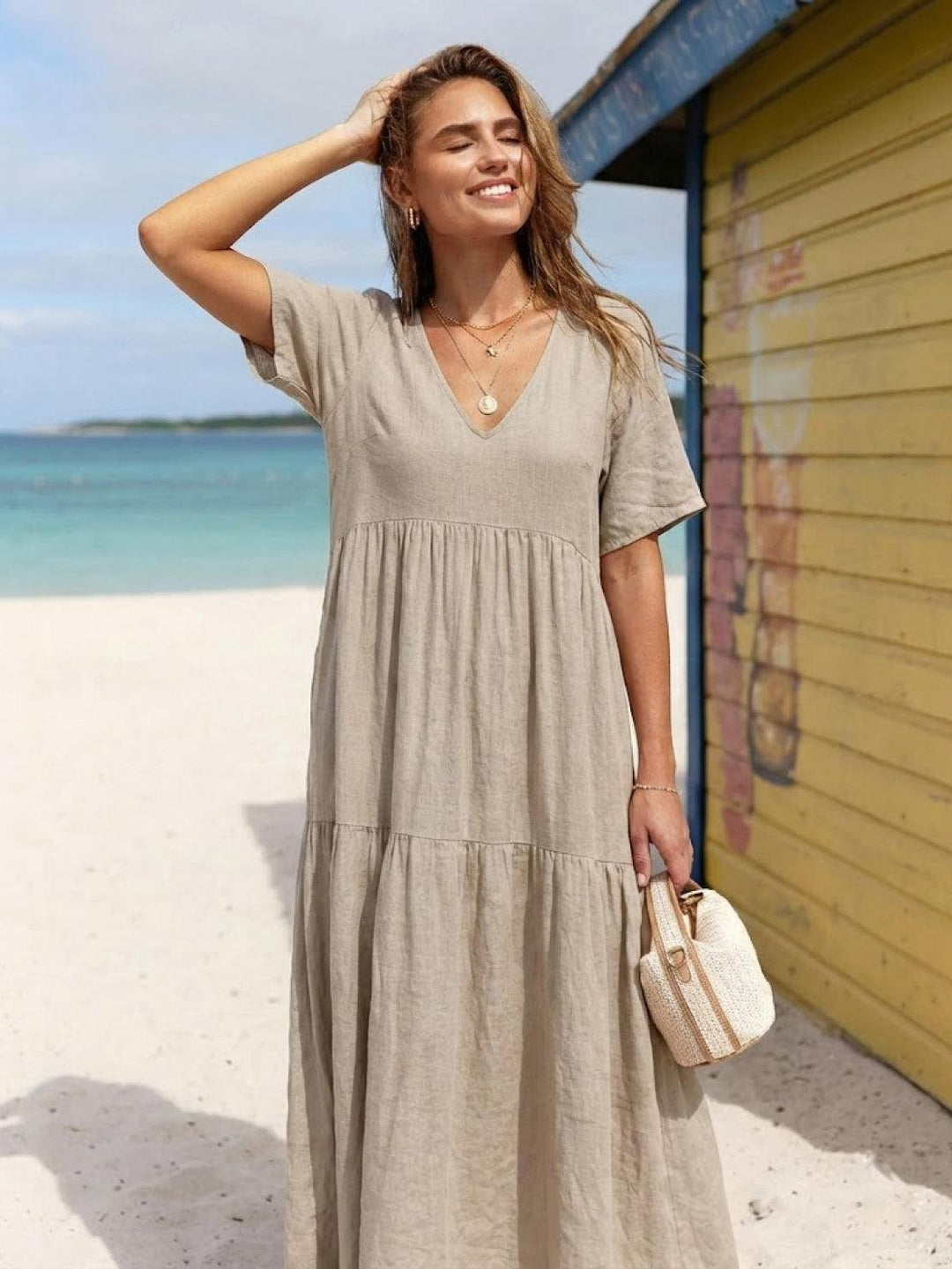 Boho Maxi Dress V-Neck Tiered Short Sleeve