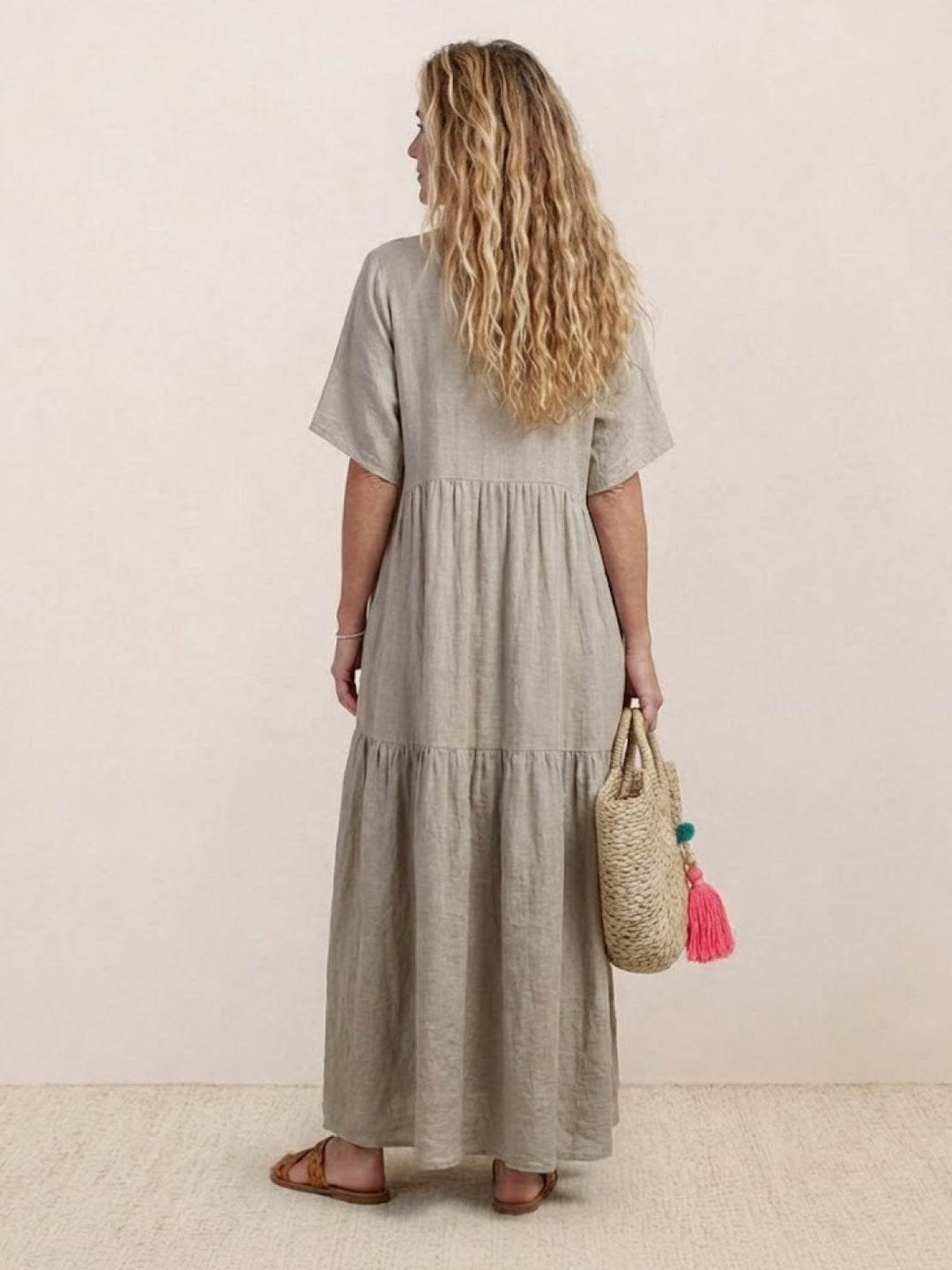 Boho Maxi Dress V-Neck Tiered Short Sleeve