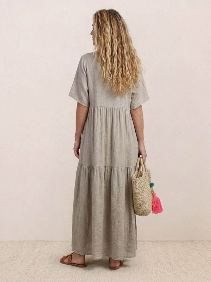 Boho Maxi Dress V-Neck Tiered Short Sleeve