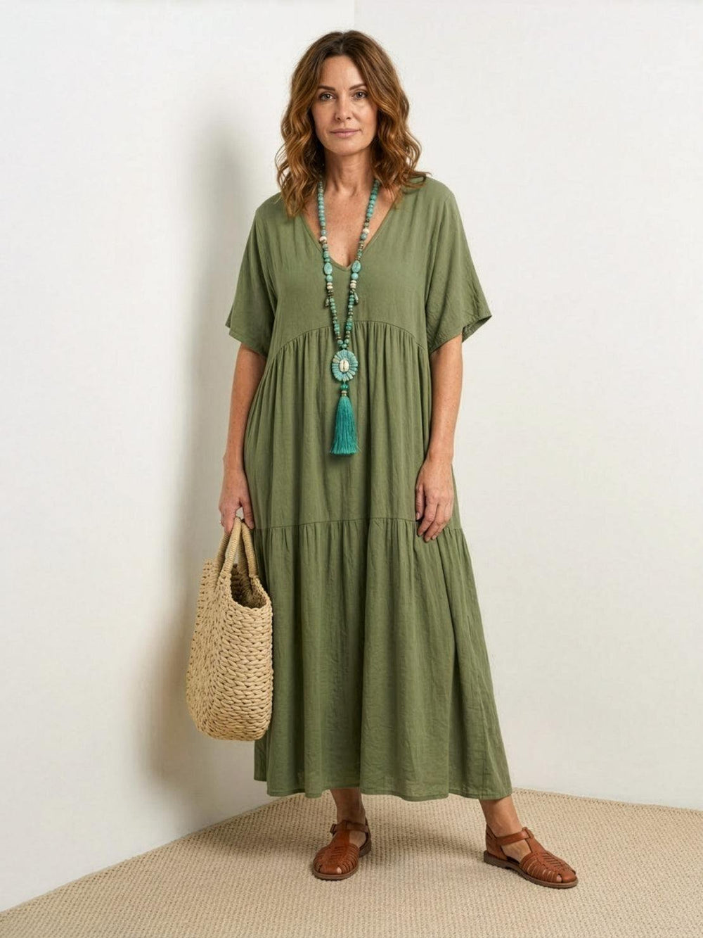 Boho Maxi Dress V-Neck Tiered Short Sleeve - Army Green