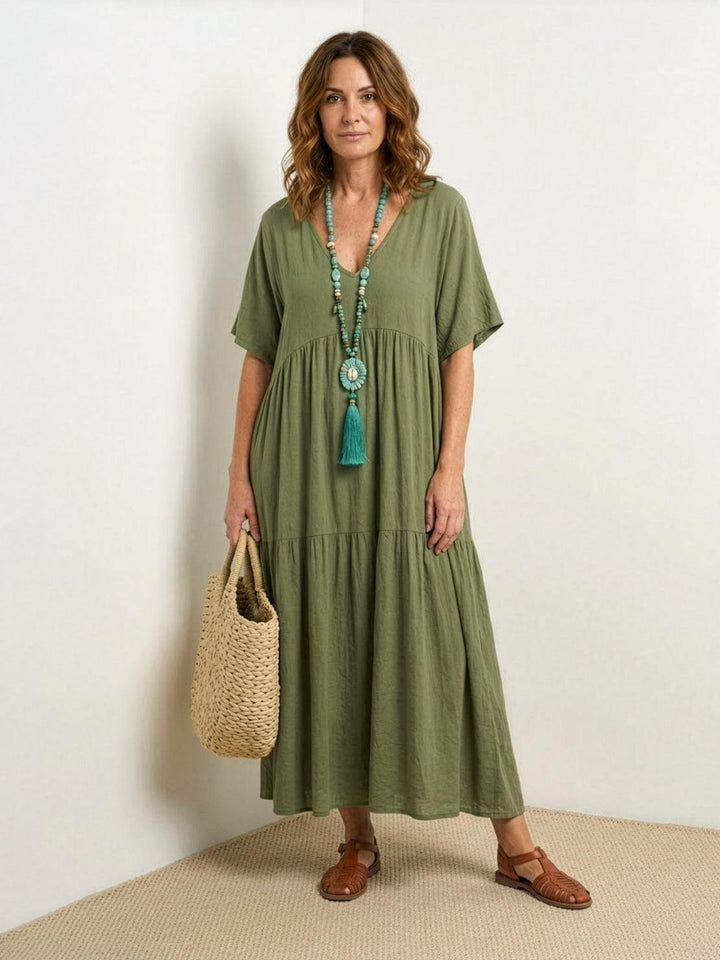 Boho Maxi Dress V-Neck Tiered Short Sleeve - Army Green