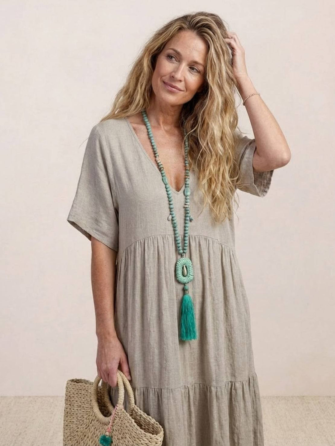 Boho Maxi Dress V-Neck Tiered Short Sleeve