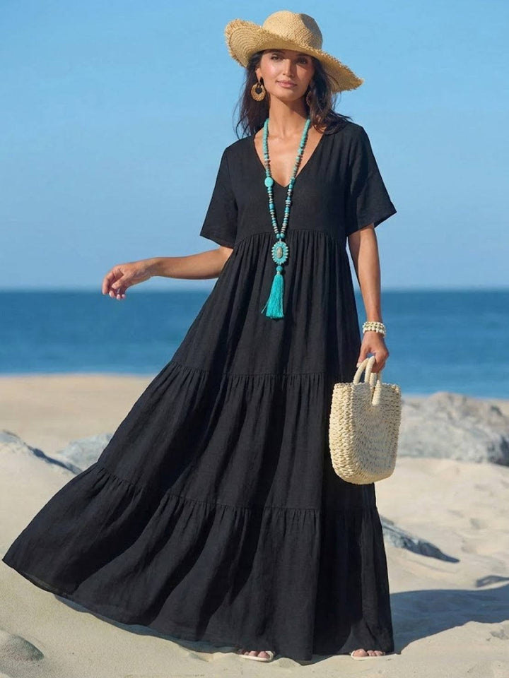 Boho Maxi Dress V-Neck Tiered Short Sleeve
