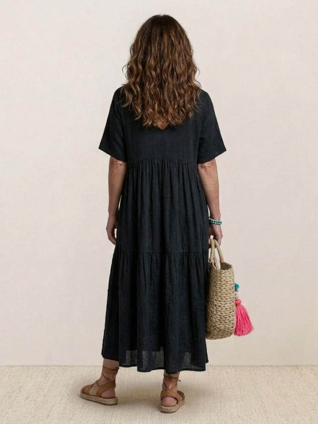 Boho Maxi Dress V-Neck Tiered Short Sleeve