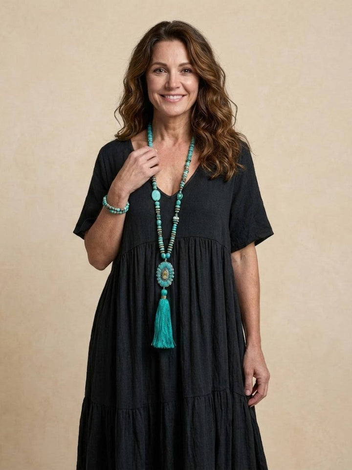 Boho Maxi Dress V-Neck Tiered Short Sleeve