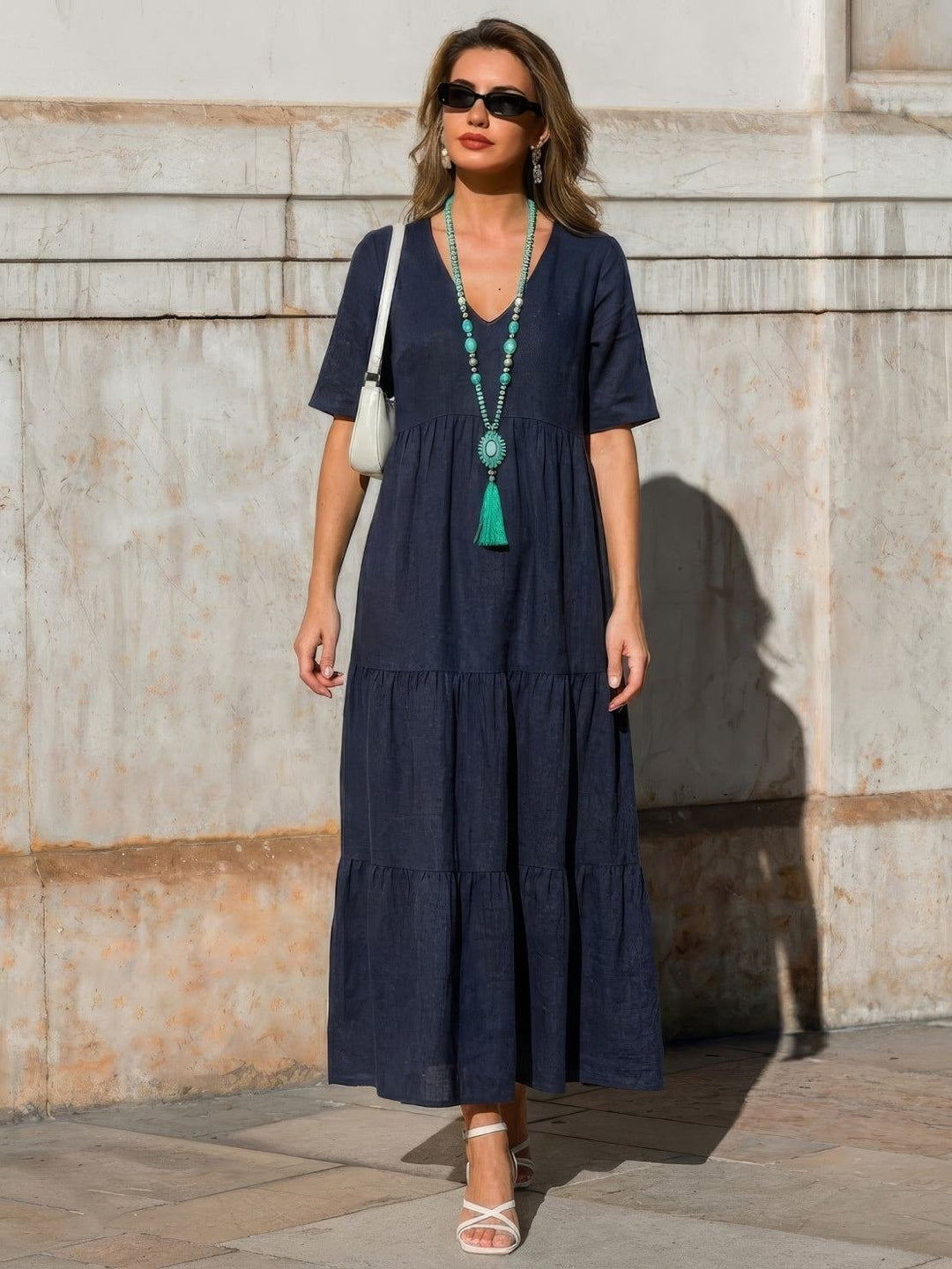 Boho Maxi Dress V-Neck Tiered Short Sleeve