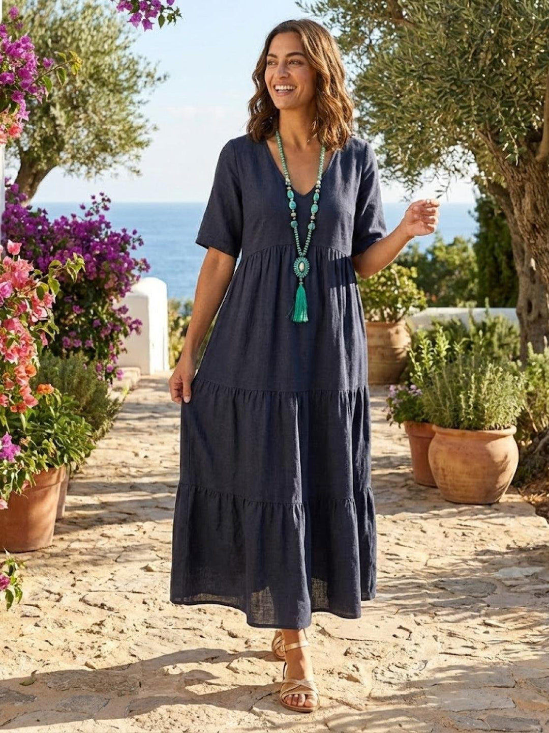 Boho Maxi Dress V-Neck Tiered Short Sleeve