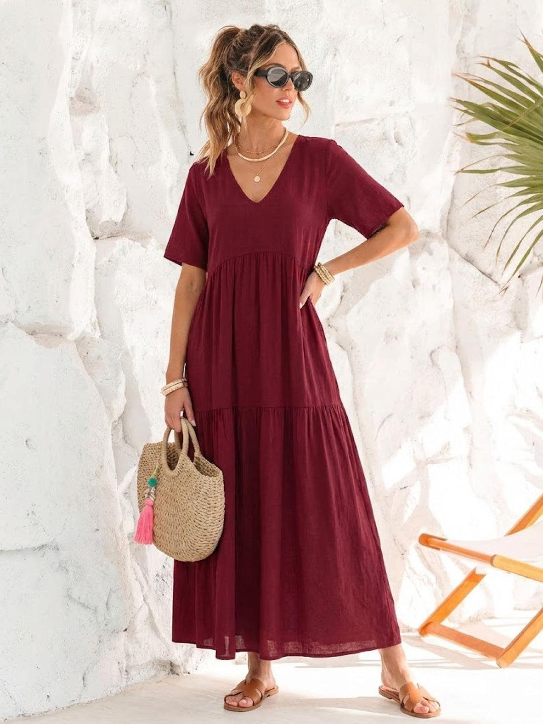 Boho Maxi Dress V-Neck Tiered Short Sleeve