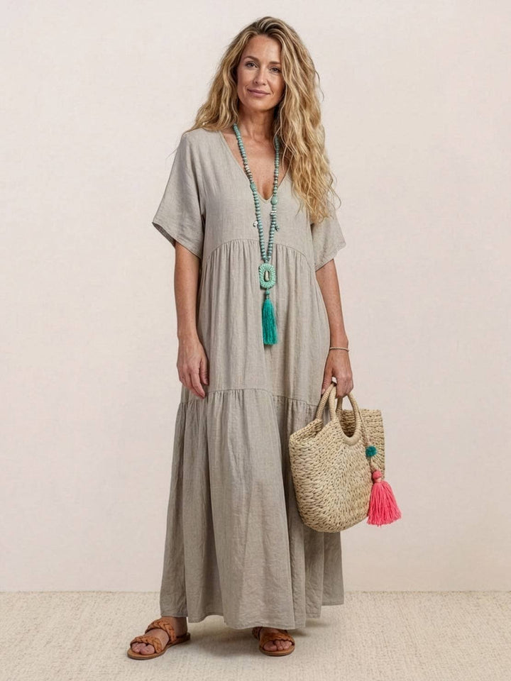 Boho Maxi Dress V-Neck Tiered Short Sleeve - Apricot