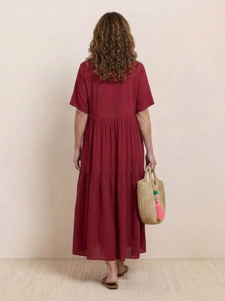 Boho Maxi Dress V-Neck Tiered Short Sleeve
