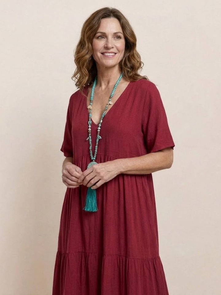 Boho Maxi Dress V-Neck Tiered Short Sleeve