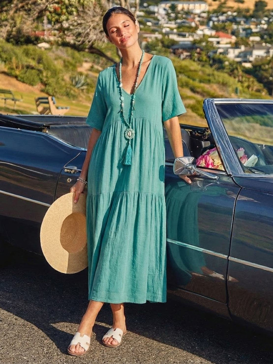 Boho Maxi Dress V-Neck Tiered Short Sleeve