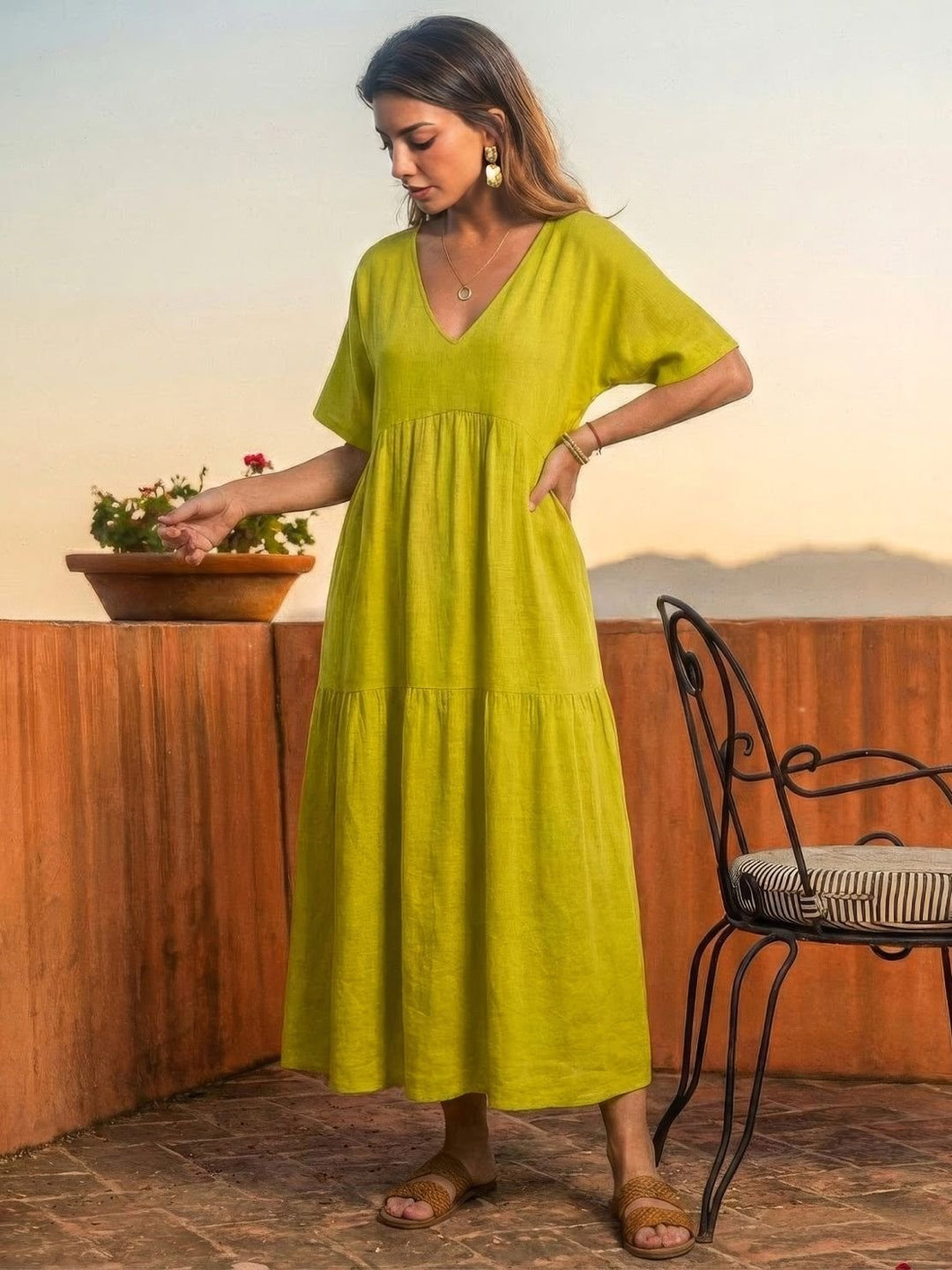 Boho Maxi Dress V-Neck Tiered Short Sleeve