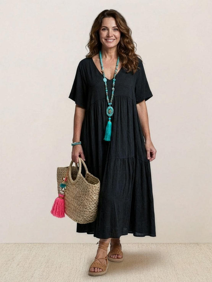 Boho Maxi Dress V-Neck Tiered Short Sleeve - Black