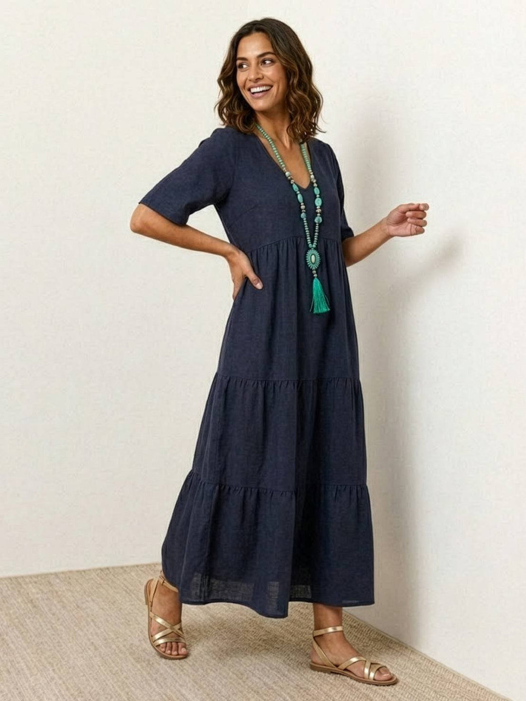 Boho Maxi Dress V-Neck Tiered Short Sleeve - Navy Blue