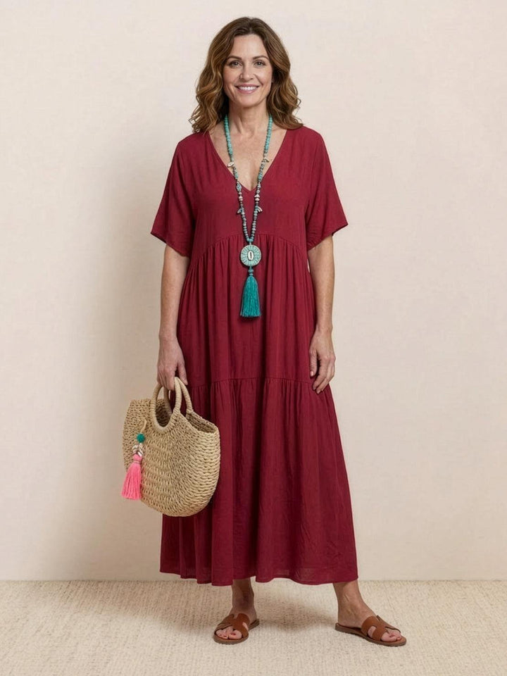 Boho Maxi Dress V-Neck Tiered Short Sleeve - Red