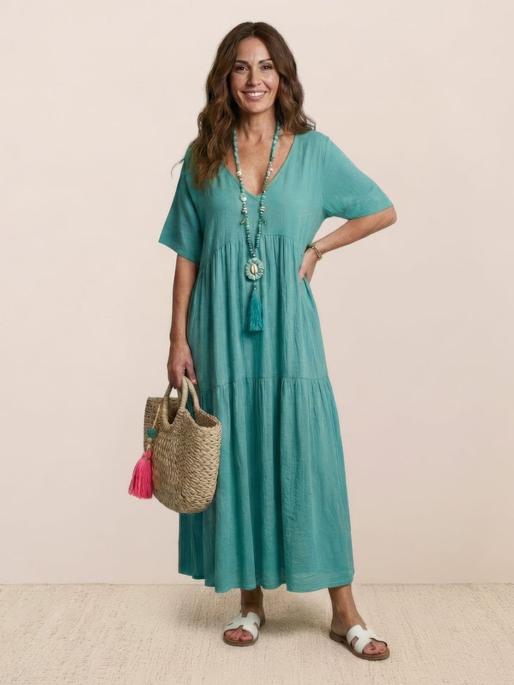 Boho Maxi Dress V-Neck Tiered Short Sleeve - Peacock Blue