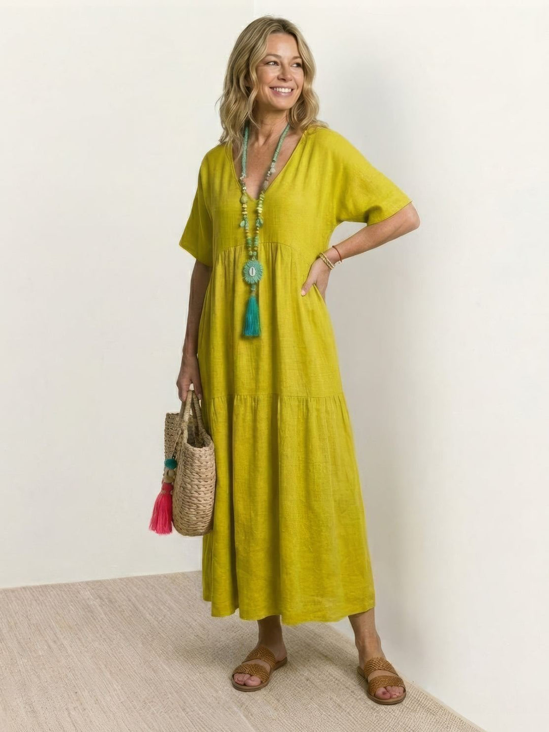 Boho Maxi Dress V-Neck Tiered Short Sleeve - Yellow