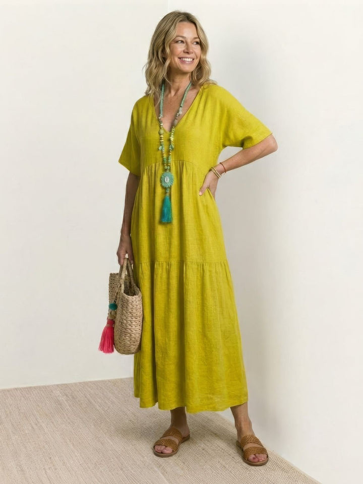 Boho Maxi Dress V-Neck Tiered Short Sleeve - Yellow