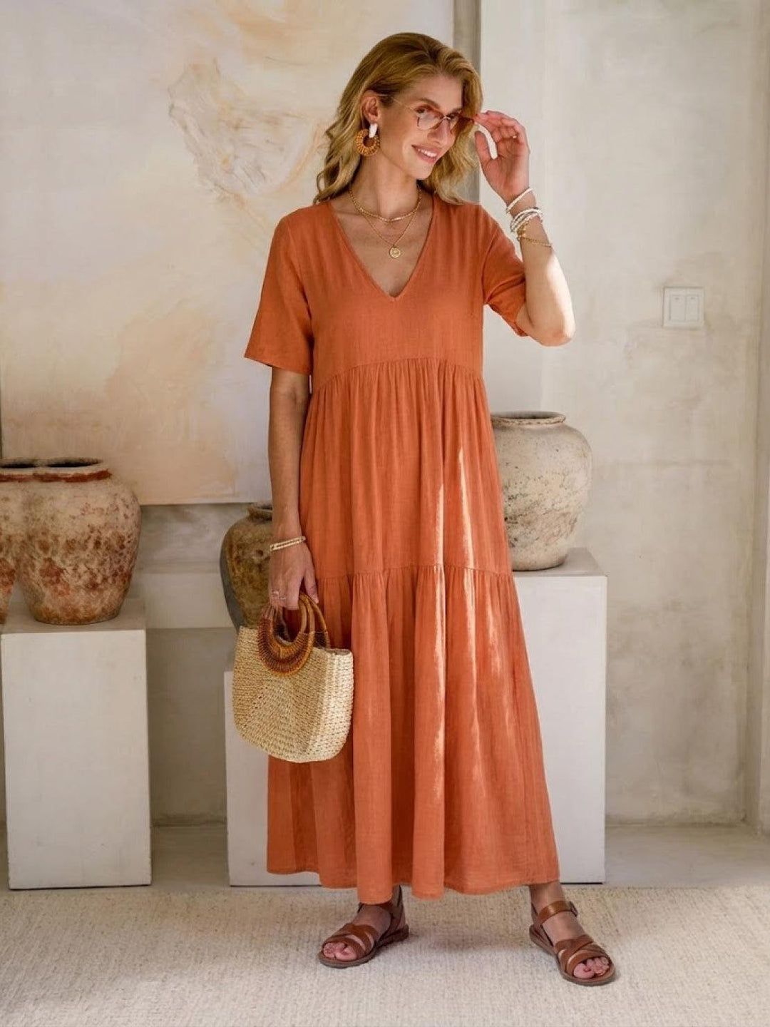 Boho Maxi Dress V-Neck Tiered Short Sleeve