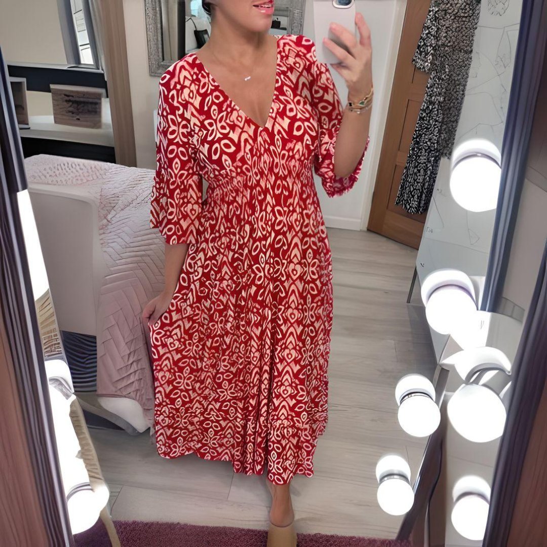 Boho Midi Dress V-Neck 3/4 Sleeve Printed Casual - Red