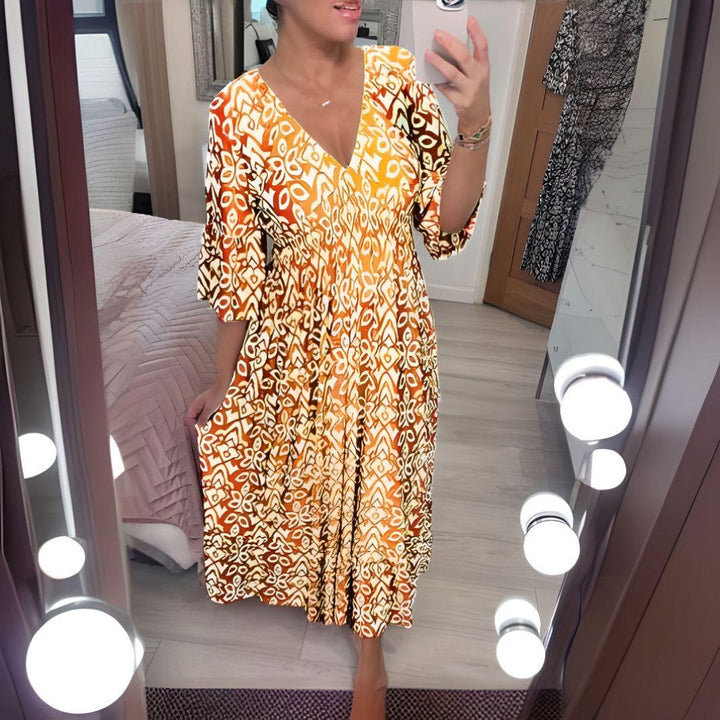 Boho Midi Dress V-Neck 3/4 Sleeve Printed Casual - Yellow