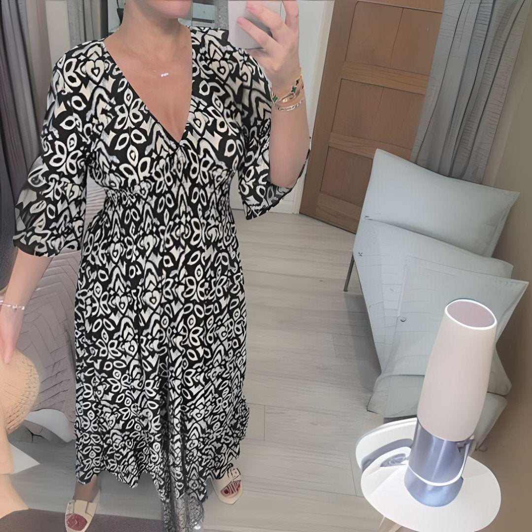 Boho Midi Dress V-Neck 3/4 Sleeve Printed Casual - Black