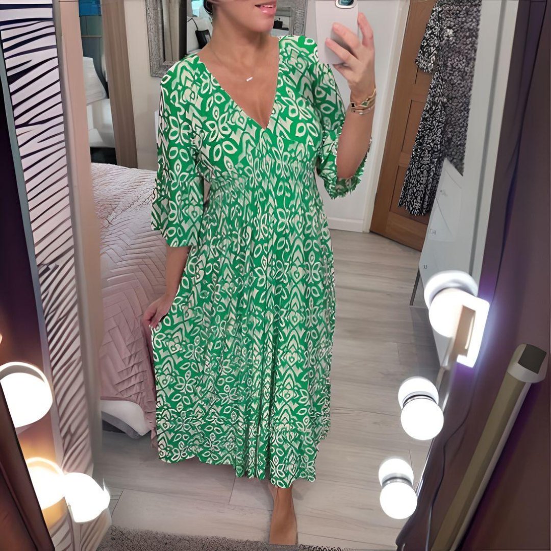 Boho Midi Dress V-Neck 3/4 Sleeve Printed Casual - Green