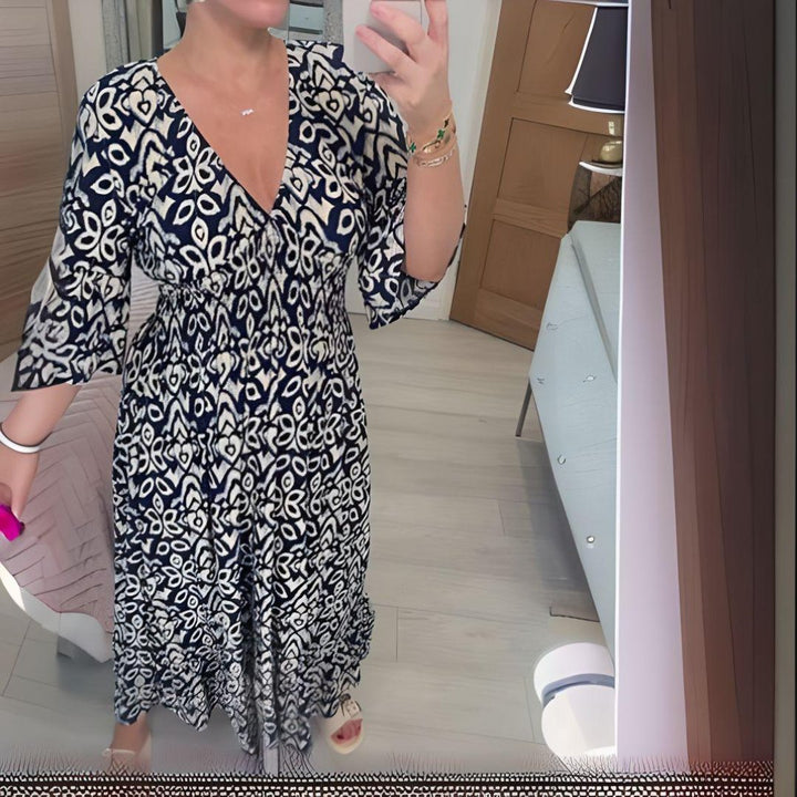 Boho Midi Dress V-Neck 3/4 Sleeve Printed Casual - Blue