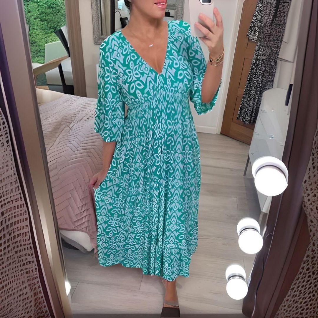 Boho Midi Dress V-Neck 3/4 Sleeve Printed Casual - Aqua Blue