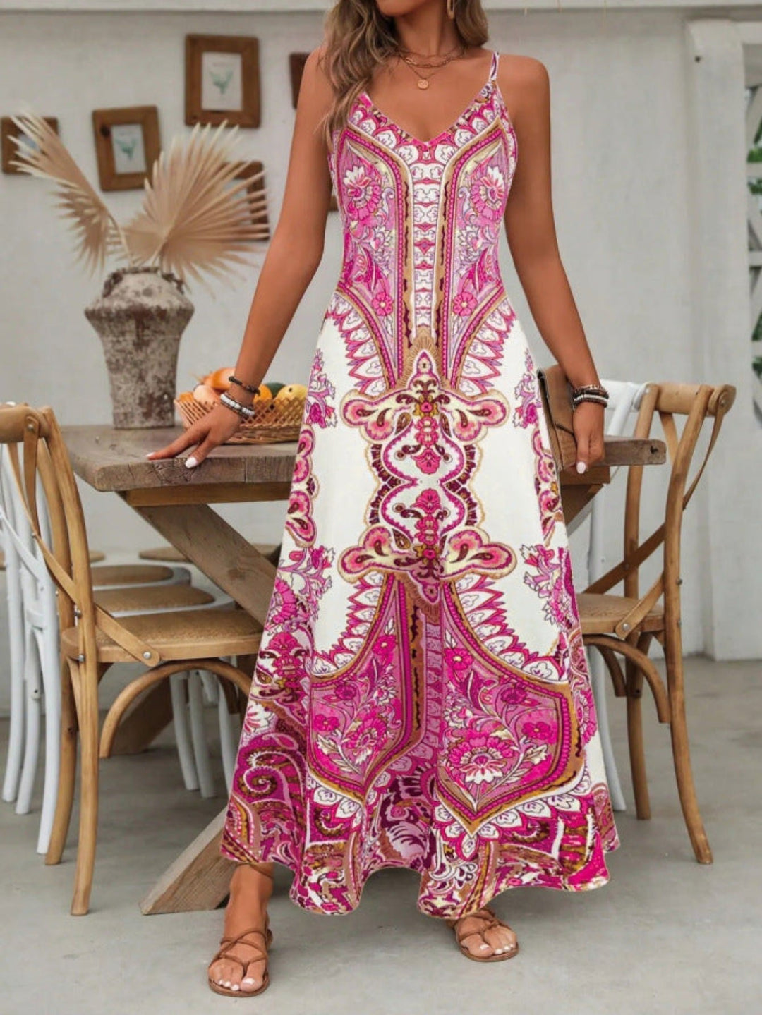 Boho Paisley Maxi Dress Spaghetti Strap V-Neck Summer - Rose Red