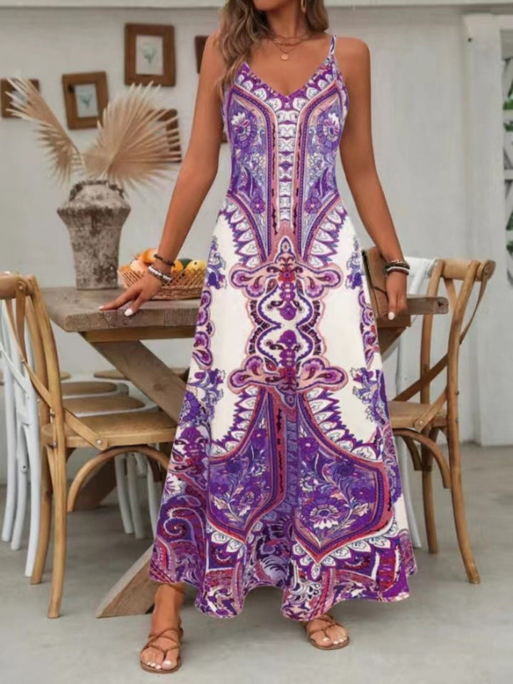 Boho Paisley Maxi Dress Spaghetti Strap V-Neck Summer - Purple