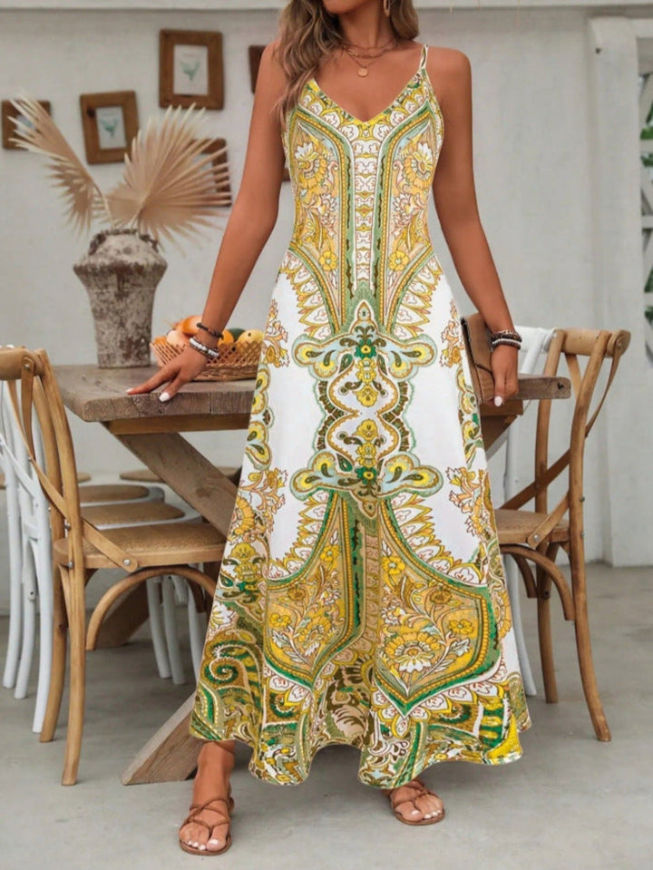 Boho Paisley Maxi Dress Spaghetti Strap V-Neck Summer - Yellow