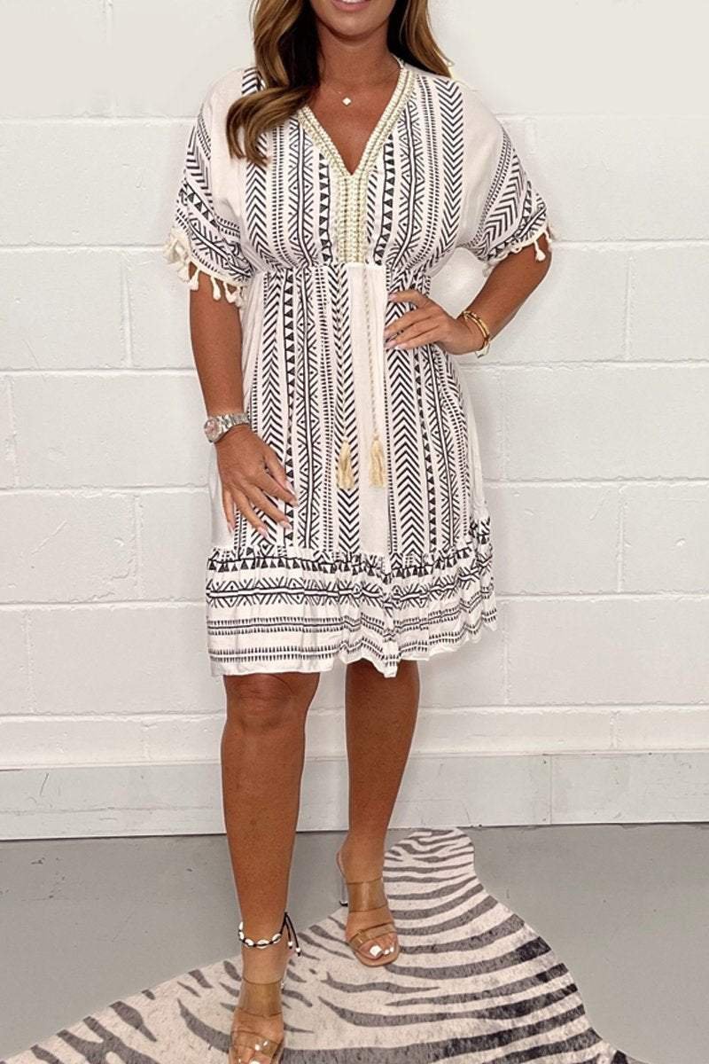 Boho Print Mini Dress V-Neck Tassel Short Sleeve Summer - Gray