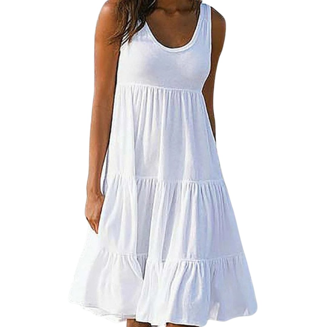 Boho Tiered Midi Dress Sleeveless Summer Ruffle - White