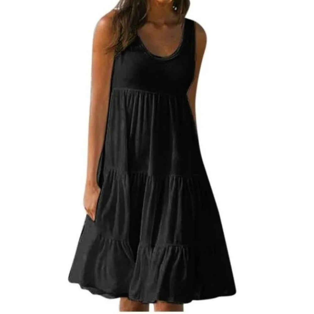 Boho Tiered Midi Dress Sleeveless Summer Ruffle - Black