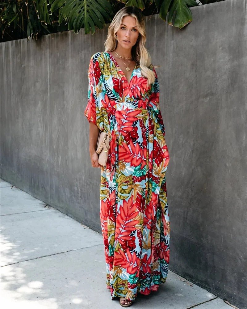 Boho Wrap Maxi Dress Floral Kimono Sleeve V-Neck