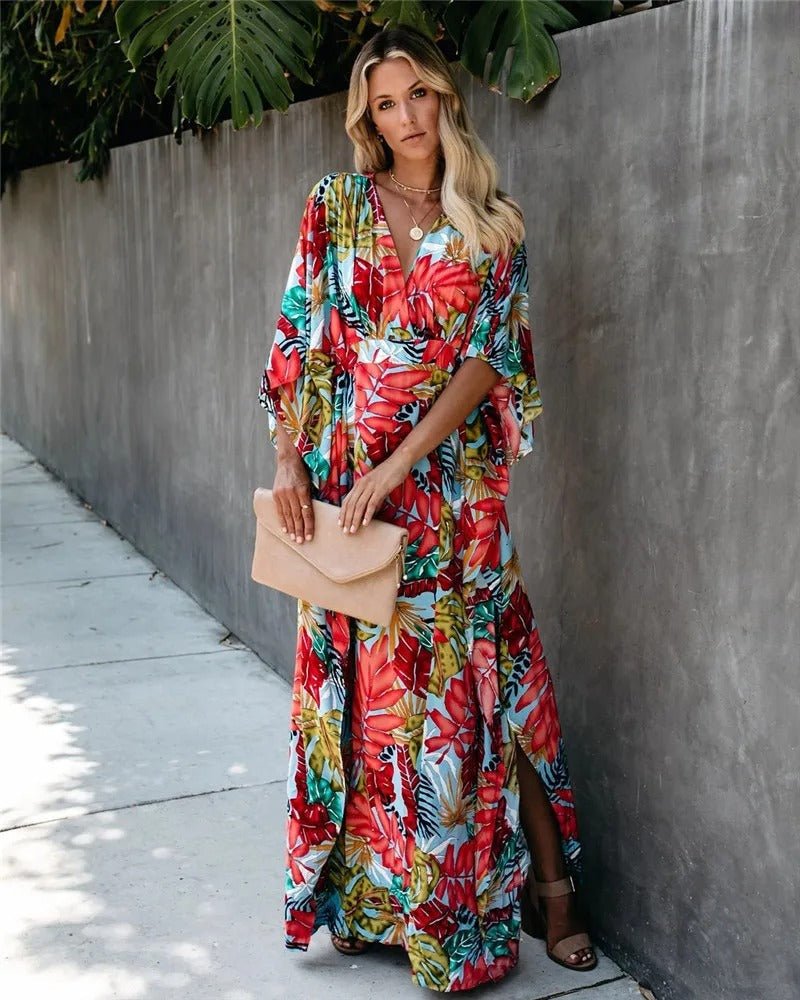 Boho Wrap Maxi Dress Floral Kimono Sleeve V-Neck